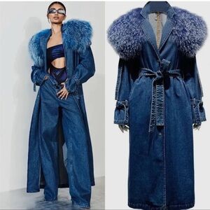 Blue Denim Coat with Genuine Ostrich Fur Collar
